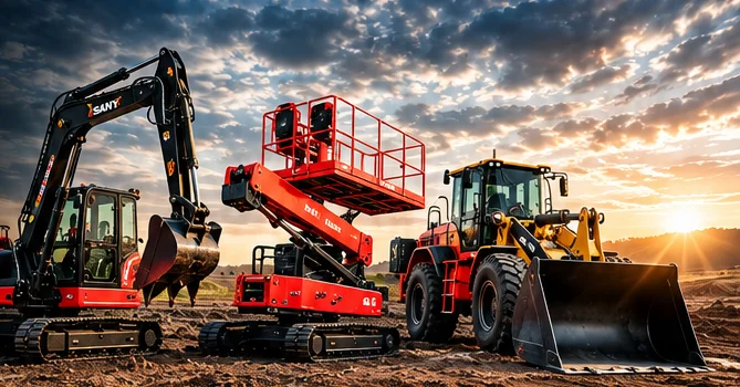 Minigraver, rups hoogwerker en shovel bij zonsondergang